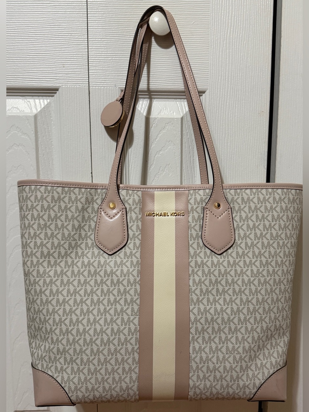 Michael Kors MK Logo Tote Bag Beige Pink Gold Hardware Charm